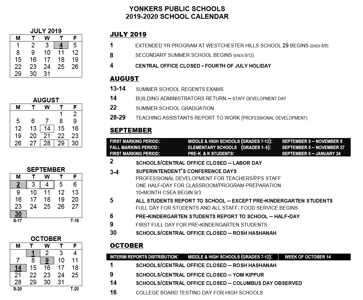 Yonkers Public Schools Calendar